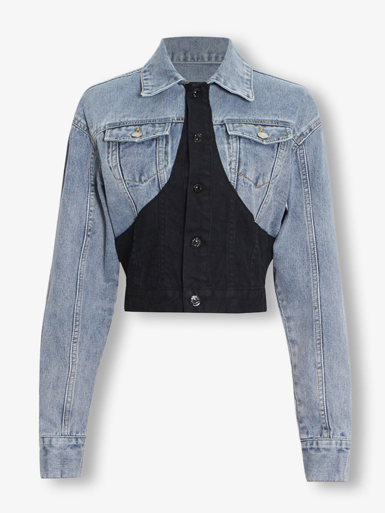 TWOTWINSTYLE Patchwork Denim Colorblock Jacket Women Lapel Collar Long Sleeve Casual Coats Tops Female Clothing Korean Fashion main image 0